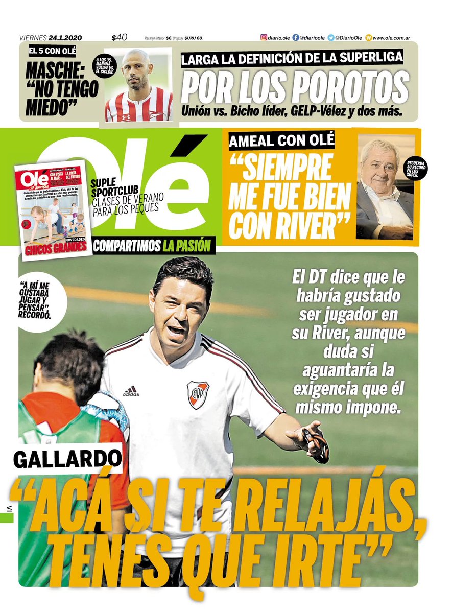 DiarioOle's tweet photo. ⚪️🔴 Gallardo sobre su #River: "Acá si te relajás, tenés que irte"
📰 #LaTapaDeOle | Viernes 24 de enero https://t.co/2ZjRjfEW3l