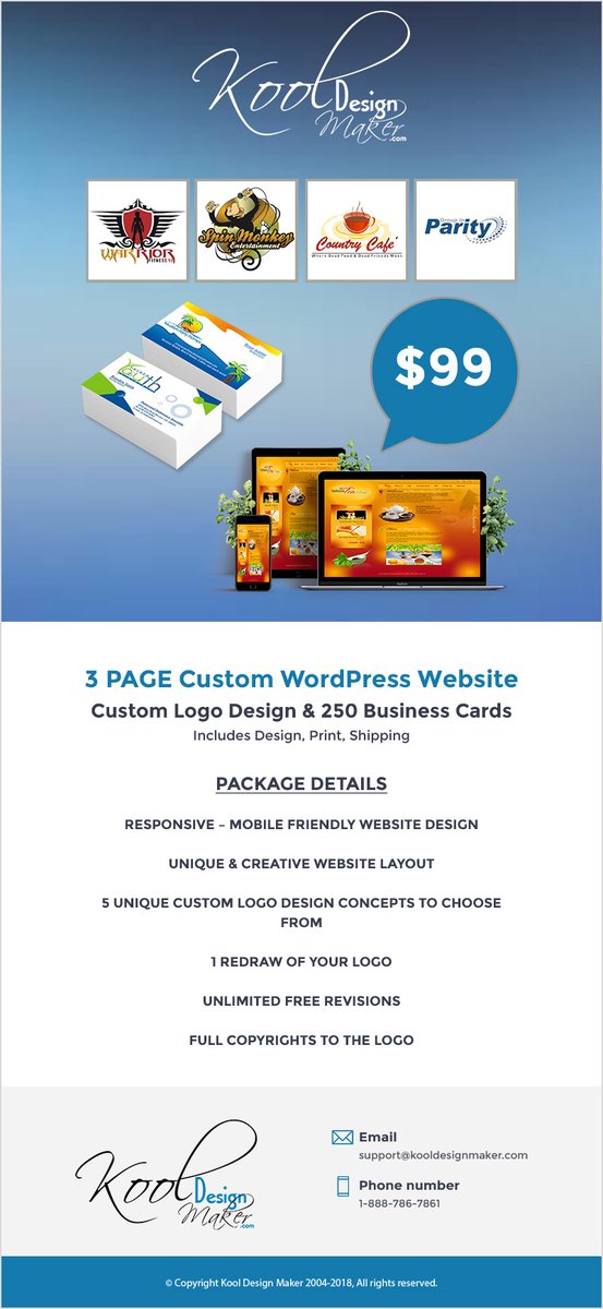 kooldesignmaker's tweet photo. Design, print and ship all in just $99
• 3-Page  WordPress website with Unique, creative layout
• 5 Unique custom logo design concepts
• Full copyrights and unlimited free revisions
• High quality Business cards printing
For more  https://t.co/84IIGBfmGV - Call 1-888-786-7861 https://t.co/fA2JzB4Hzy