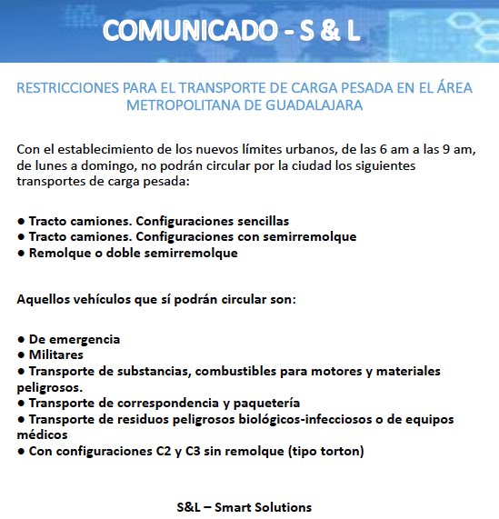 SLsmartsolution's tweet image. Recuerda las restricciones para #transporte de #carga pesada en el área metropolitana de #Guadalajara que tomaron forma a partir del 01/01/2020.