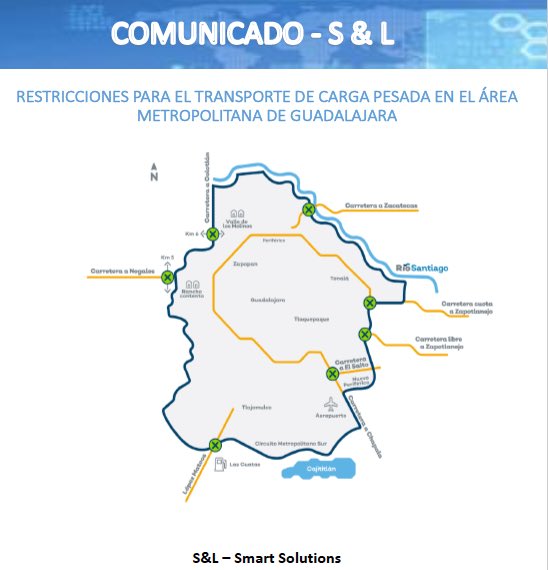 SLsmartsolution's tweet image. Recuerda las restricciones para #transporte de #carga pesada en el área metropolitana de #Guadalajara que tomaron forma a partir del 01/01/2020.