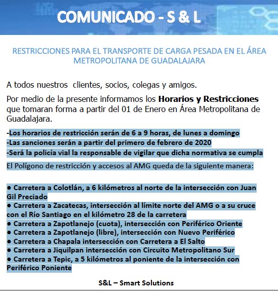 SLsmartsolution's tweet image. Recuerda las restricciones para #transporte de #carga pesada en el área metropolitana de #Guadalajara que tomaron forma a partir del 01/01/2020.