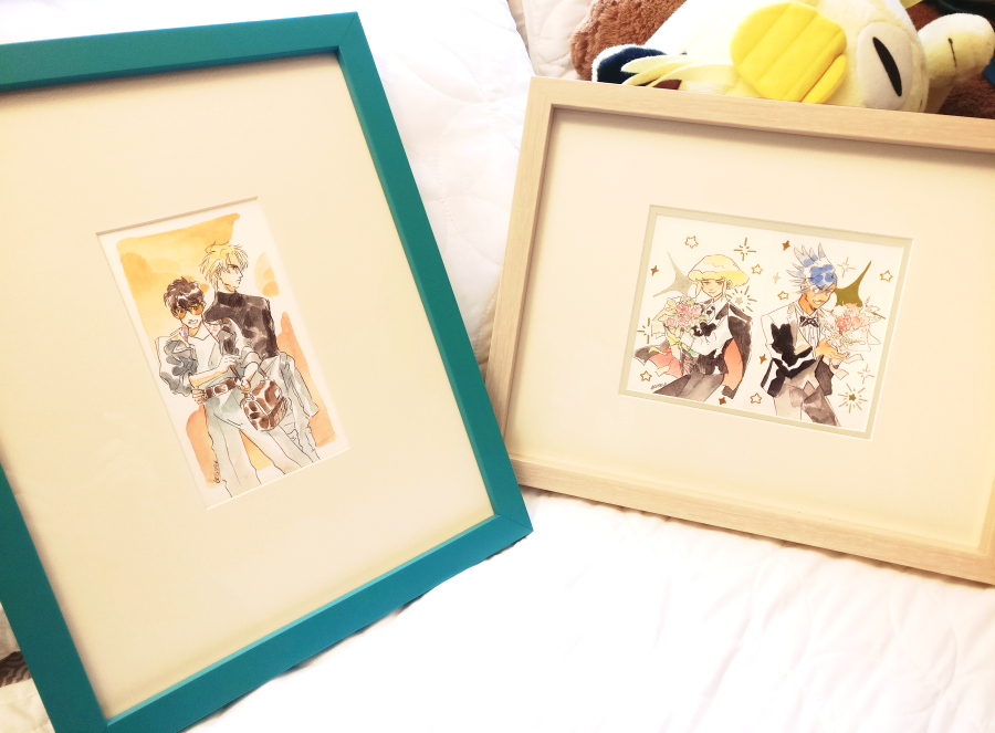 spent some time yesterday matting and framing these beautiful pieces from @_Erasable ?? even though they aren't on the wall yet they're already brightening up the room! thank you so, so much again!!! 