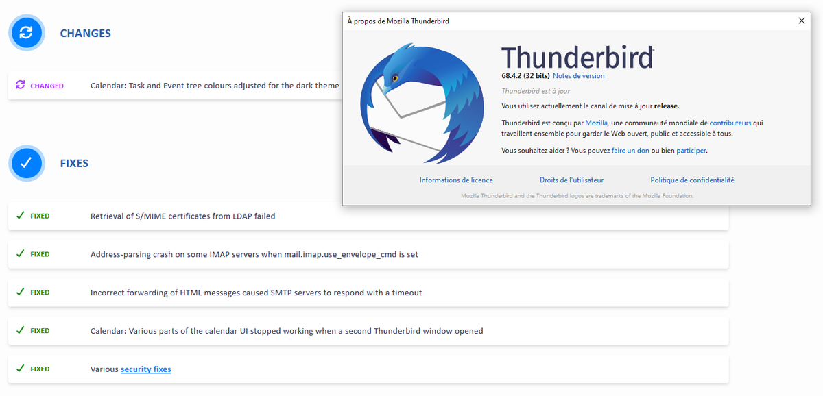 Notes de version et boite À propos de Thunderbird 68.4.2