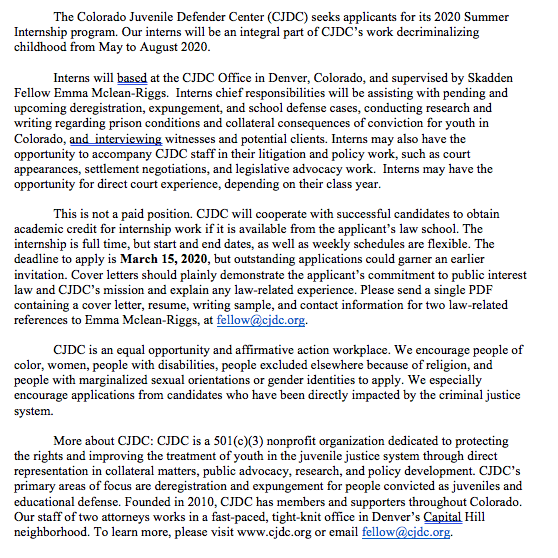COJuvieDefender's tweet photo. Hi folks! We are seeking energetic, empathetic, dedicated law student interns for Summer 2020! We highly encourage applications from students directly impacted by the criminal justice system, but welcome all committed to this work. #JuvenileJustice #LawStudents #PublicInterest https://t.co/ZHMQeTMc4B