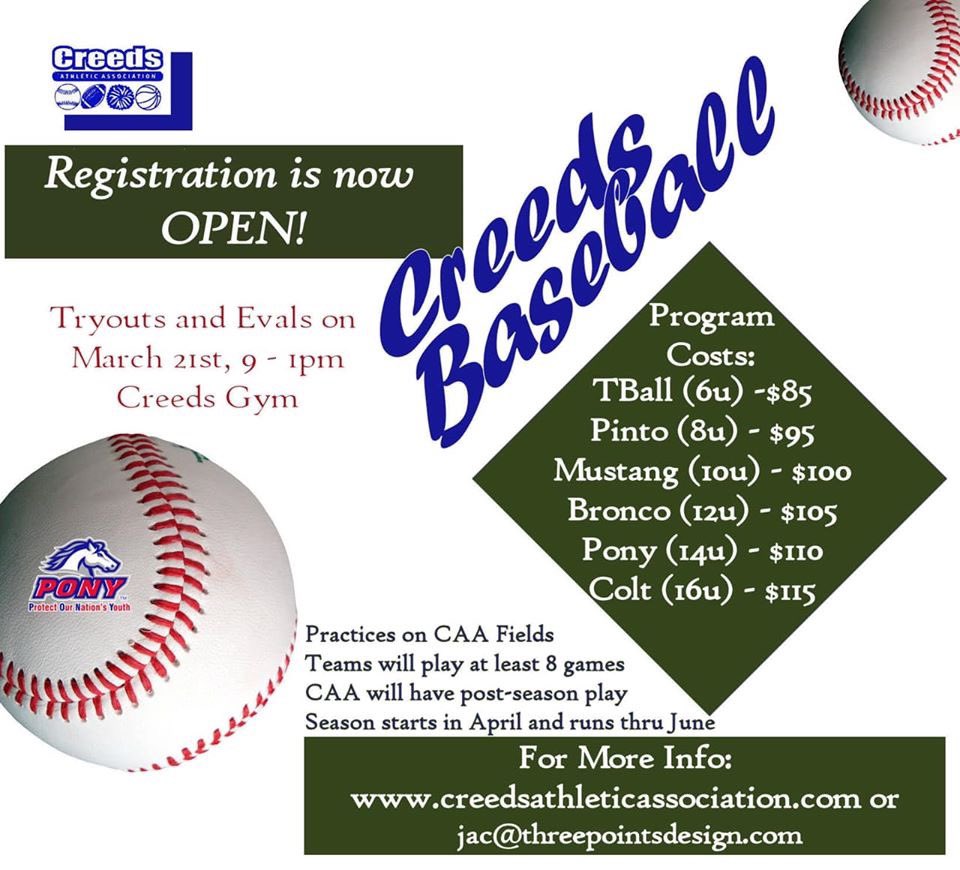 CreedsPTA's tweet photo. Creeds Athletic Association Spring Baseball and Softball registration is now OPEN!! ⚾️⚾️@CreedsPTA @CreedsES https://t.co/T9Awe8nBRS