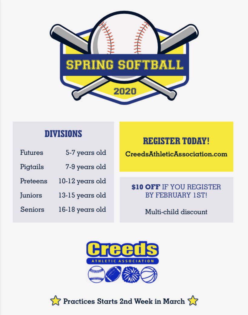 CreedsPTA's tweet photo. Creeds Athletic Association Spring Baseball and Softball registration is now OPEN!! ⚾️⚾️@CreedsPTA @CreedsES https://t.co/T9Awe8nBRS