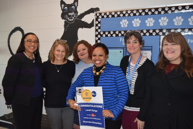 SpotsySchools's tweet photo. Congratulations to Ms. Lanell Osinga from @RESpanthers for being recognized as a January "GET SPOTted" winner for making a world of difference at her school.  Thank you to @NSWCFederal for sponsoring this fantastic employee incentive program! https://t.co/F5RjwmBk0A