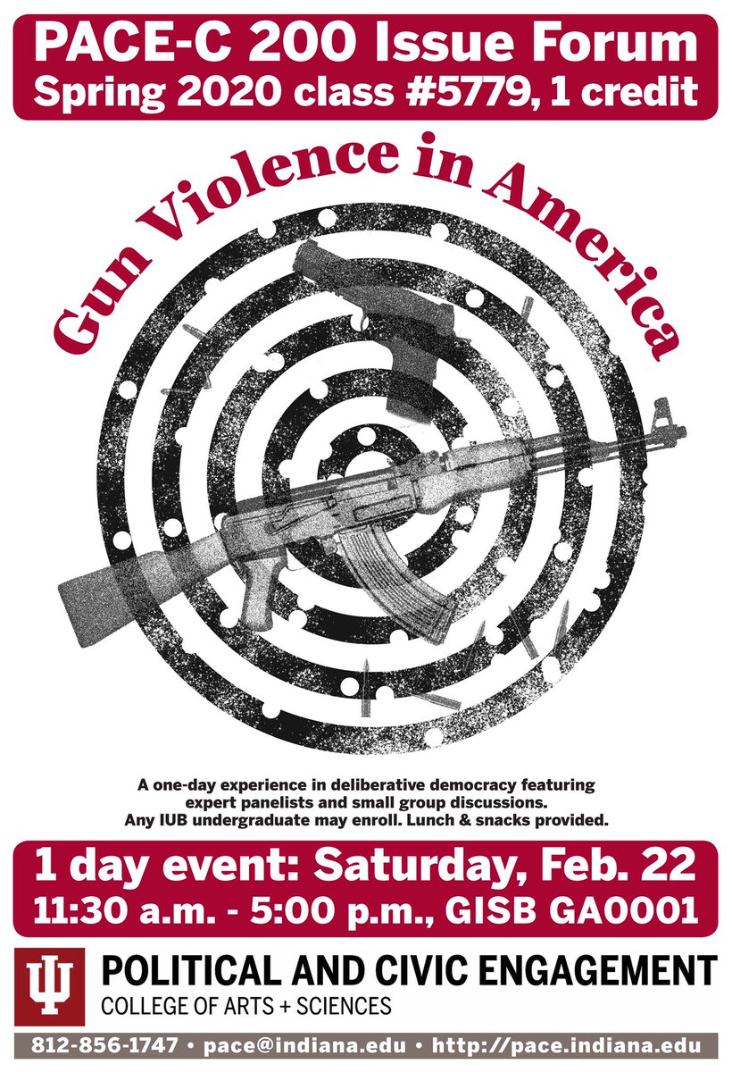pace_iu's tweet image. One month till the Spring 2020 issue forum and spots are filling up! If you love to discuss politics with others come help us unpack how to limit Gun Violence in America #civics #hamiltonlugar