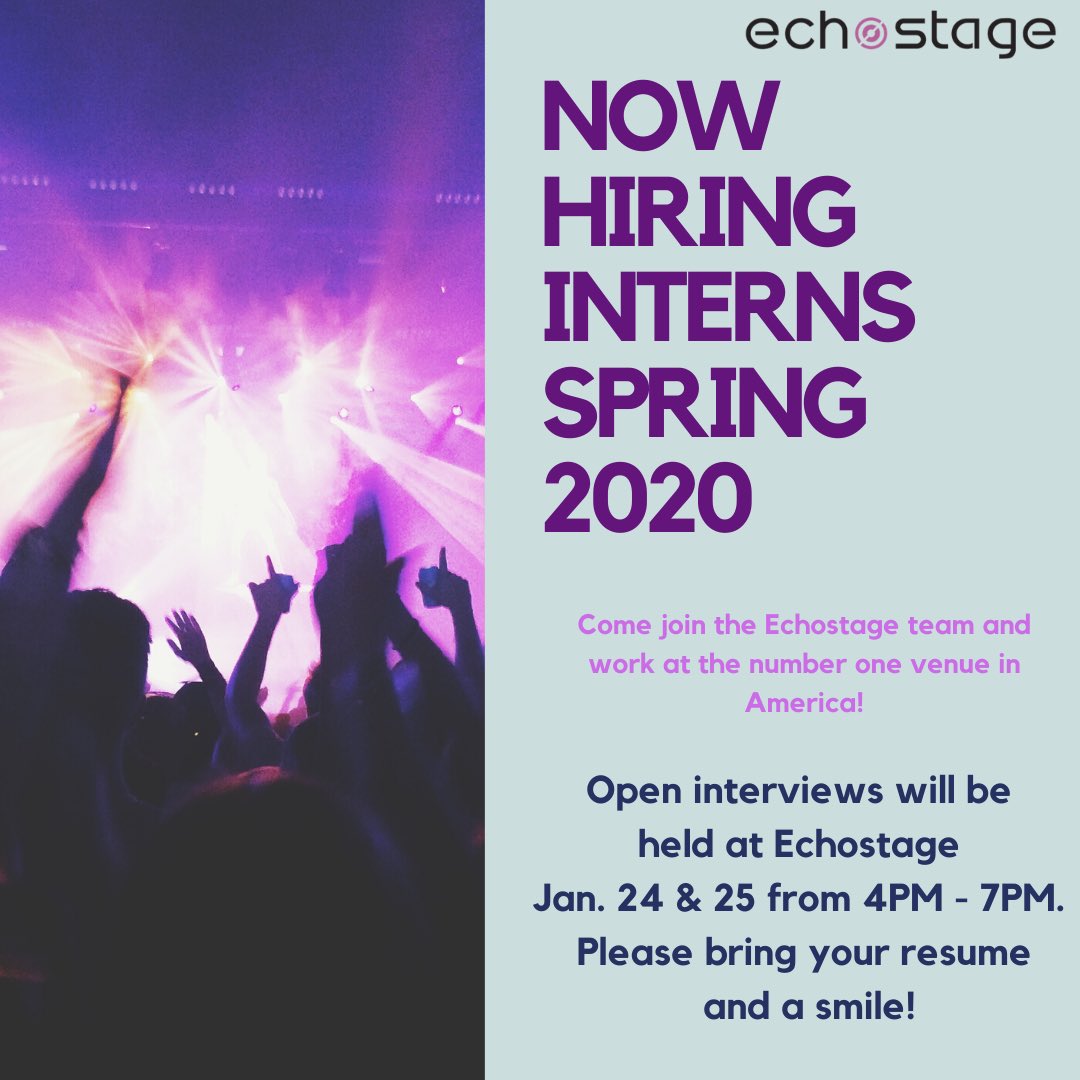 echostage's tweet photo. NOW HIRING: Doors are now open for #SpringIntern Open Interviews! Join us today AND tomrorow from 4:00-7:00pm - please bring a resume! https://t.co/Z0T1hMT88Q