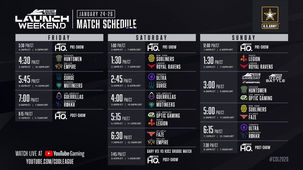 CODLeague's tweet photo. The Call of Duty League Launch Weekend schedule! Catch it all live at https://t.co/3Ax71oSSvM #CDL2020 https://t.co/cLj34JuEMJ