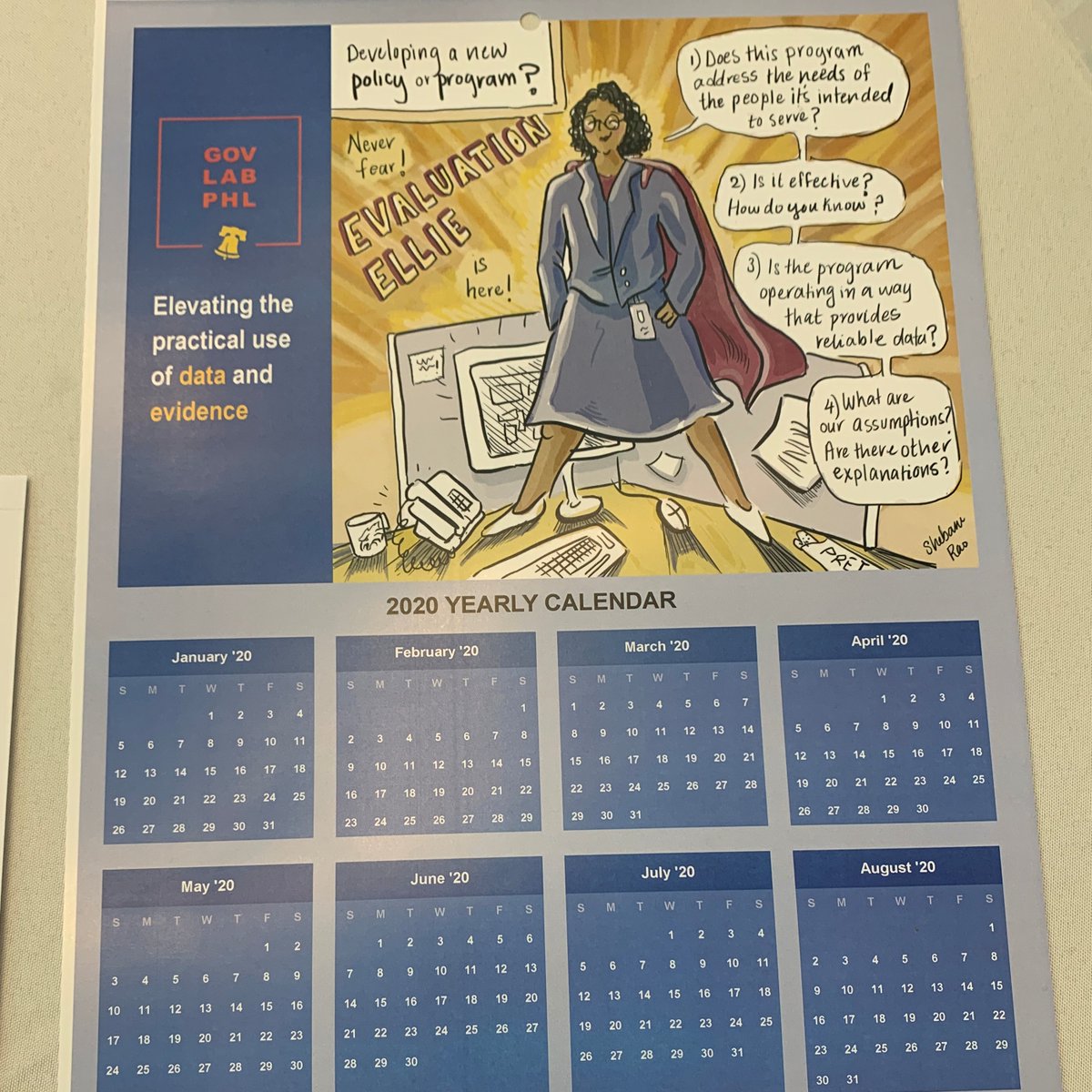 WhatWorksCities's tweet photo. We love how @GovLabPHL is making evaluations cool, accessible, &amp; relevant. Just check out this 2020 yearly calendar. 👇

Everyone needs an Evaluation Ellie on their team to make evaluating the practical use of data &amp; evidence less daunting! @PhiladelphiaGov https://t.co/D54yjYO32X