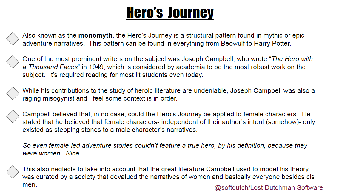 SoftDutch's tweet photo. I'm ready to talk about the Hero's Journey.  Here's (my take) on the essential background context of the Journey.  It wasn't "invented" in as much as it was "discovered" but Campbell's personal perspectives played a heavy role in how we talk about it.

#ttrpg #tabletop #Writing https://t.co/gSCCAYn3T8