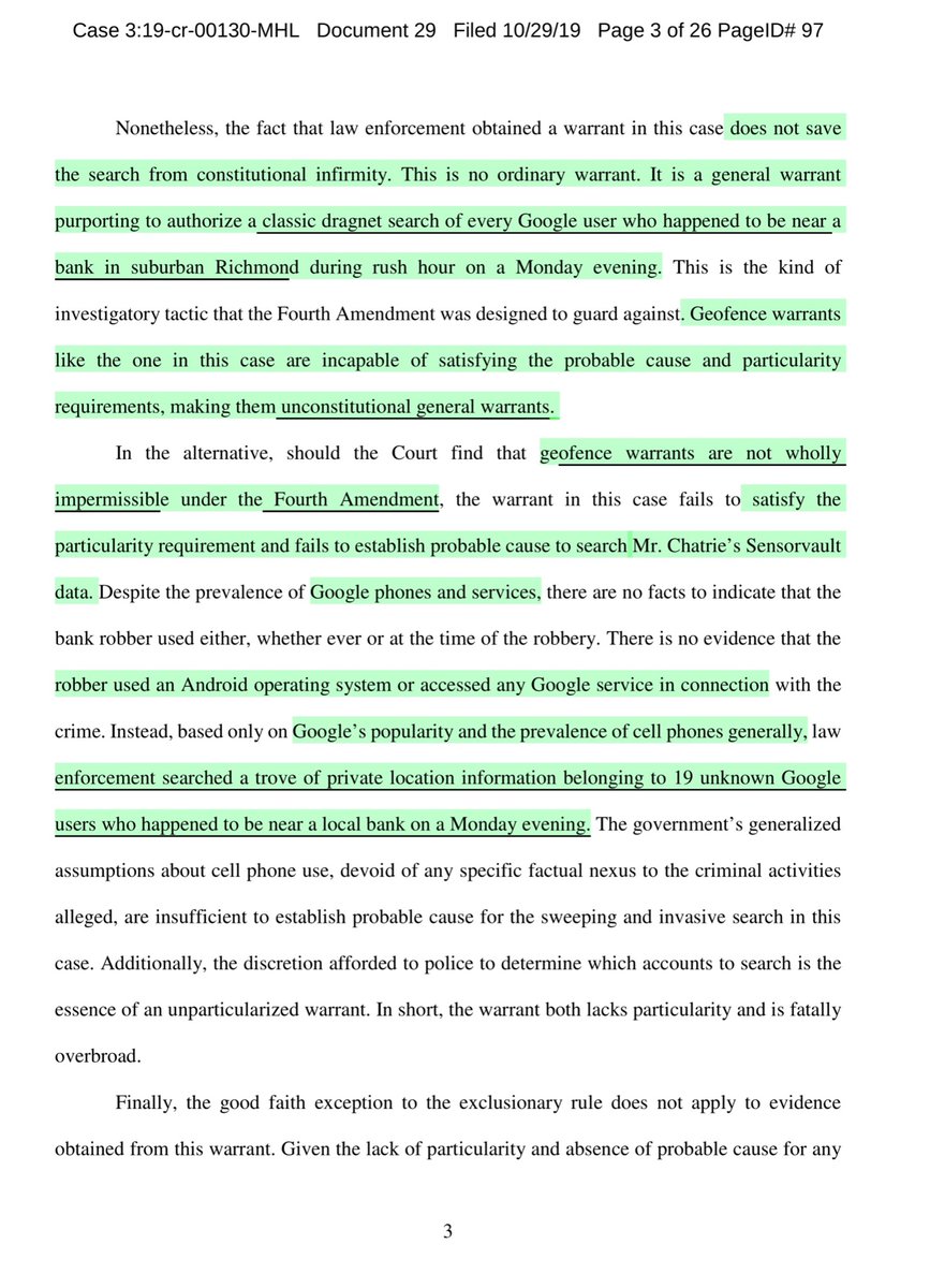 The Defendant Oct 2019 Motion to Suppress:“state police to obtain the cell phone location information of 19 Google users “geofence warrant “is an unlawful and unconstitutional general warrant that is both overbroad and lacks the particularity required by the Fourth Amendment,”