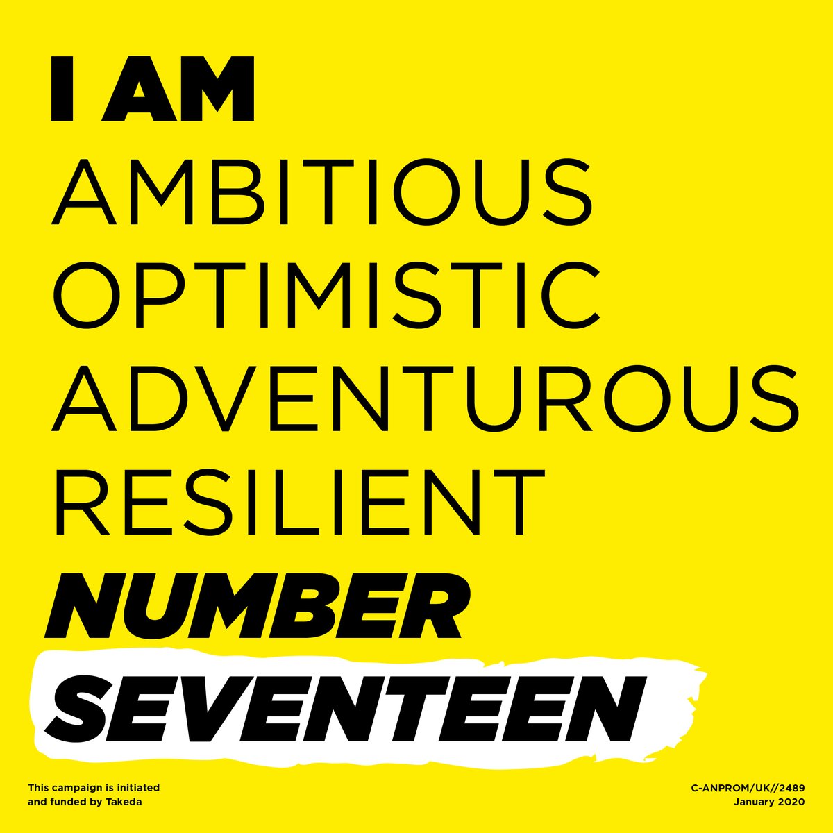 A yellow background with text "I am ambitious, optimistic, adventurous, resilient. I am number seventeen."