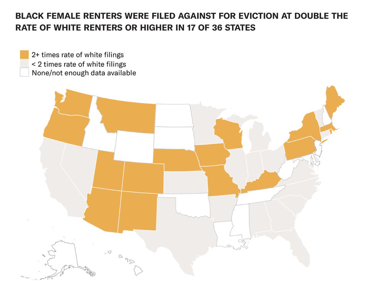 map of US titled "Black Female Renters were Filed Against for Eviction at Double the Rate of White Renters or Higher in 17 of 36 States"