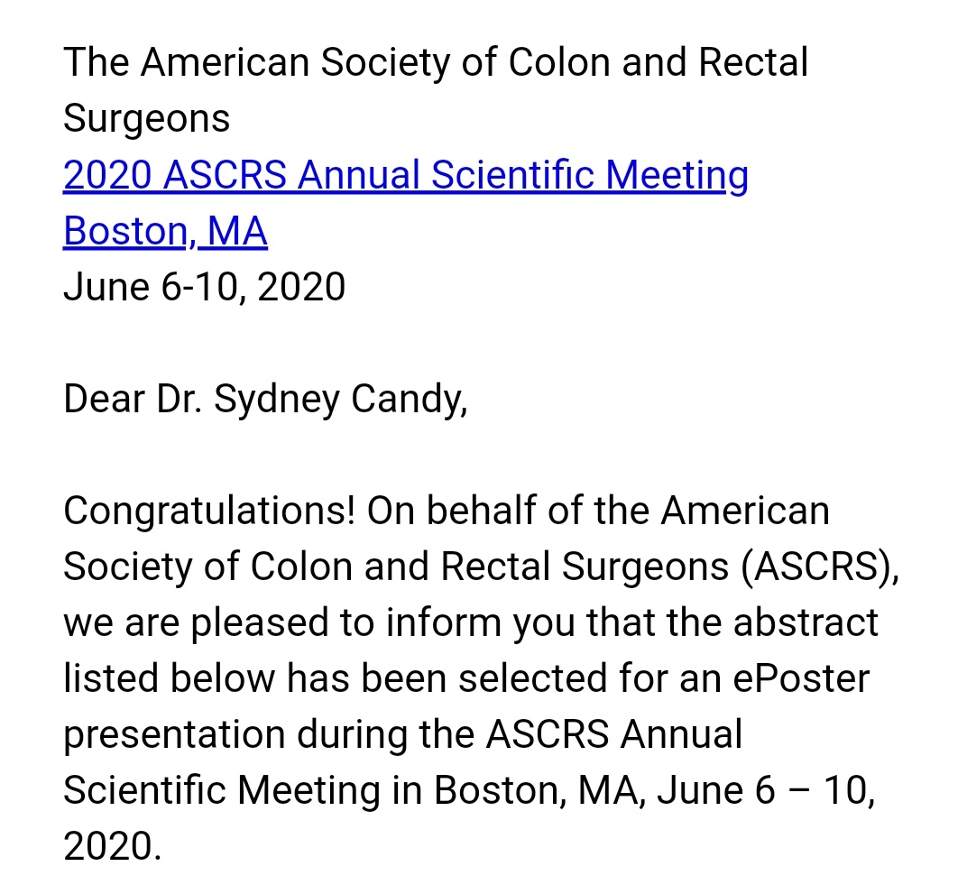 epipatelmd's tweet photo. Congrats to our superstar medical student, Sydney Candy (not on twitter), on having TWO abstracts accepted to #fascrs annual meeting in Boston!
Good luck to Sydney on the #gsxCARMS2020 tour!
@DCRjournal @fascrs_tech @CAGS_Residents @QueensUGME @QueensPostgrad @DeanOnCampus https://t.co/N0LRcGJ5vr