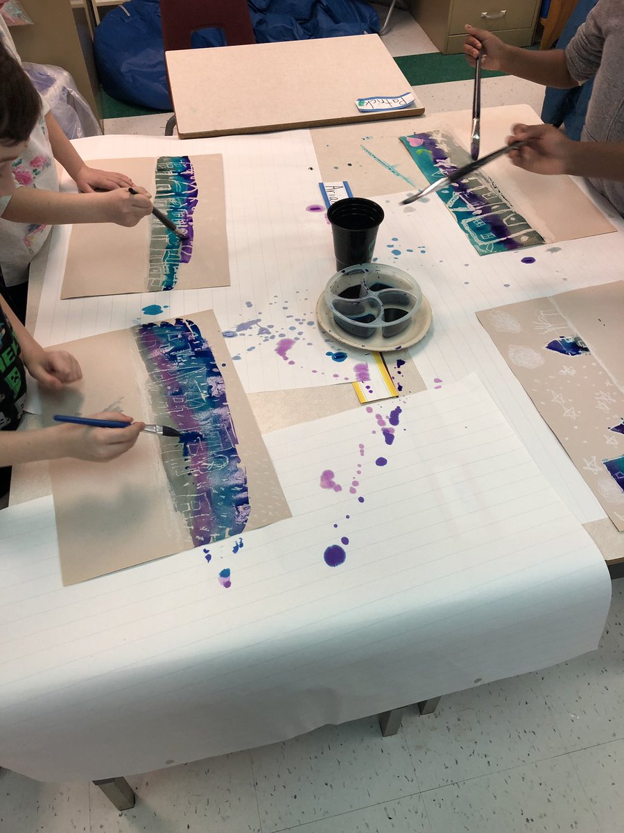 These wintery cityscape reflections were a messy project for sure, but they turned out so cute! I love that one student decided to include a playground #community #artsed #ocsb <a href="/StMartinOCSB/">St. Martin de Porres School</a>