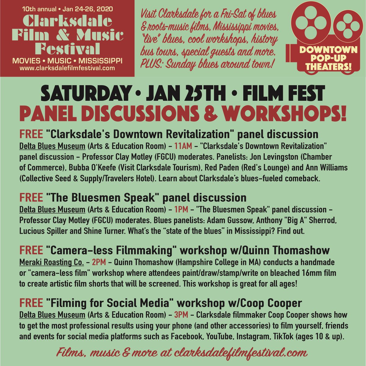 In addition to amazing movies and music, don't miss FREE panel discussions and workshops! "The Bluesmen Speak" at @DBMClarksdale - Saturday 1PM <a href="/fgcuhonors/">FGCU Honors College</a> Professor Clay Motley moderates; panelists include Adam Gussow, Anthony "Big A" Sherrod, Lucious Spiller and Shine Turner