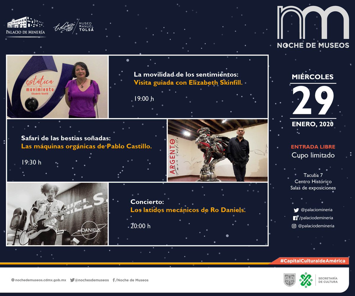 Noche de Museos CDMX (@nochedemuseos) on Twitter photo Descubre tus latidos mecánicos #NochedeMuseos en la obra cumbre del arte neoclásico en México <a href="/palaciomineria/">𝐏𝐚𝐥𝐚𝐜𝐢𝐨 𝐝𝐞 𝐌𝐢𝐧𝐞𝐫í𝐚 🏛️</a>
29/01
A partir de las: 19:00 H
E. Libre/C. Limitado
Tacuba 7, Centro Histórico
#CapitalCulturaldeAmérica Descubre tus latidos mecánicos #NochedeMuseos en la obra cumbre del arte neoclásico en México <a href="/palaciomineria/">𝐏𝐚𝐥𝐚𝐜𝐢𝐨 𝐝𝐞 𝐌𝐢𝐧𝐞𝐫í𝐚 🏛️</a>
29/01
A partir de las: 19:00 H
E. Libre/C. Limitado
Tacuba 7, Centro Histórico
#CapitalCulturaldeAmérica