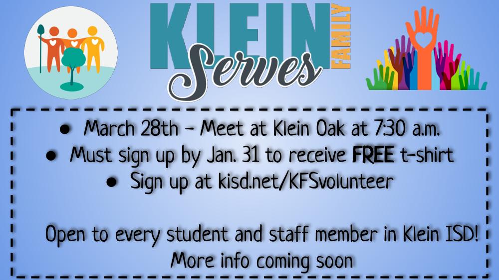 senormccauley's tweet photo. Hey @HofiusKISD!  Please consider signing up for @KleinISD Klein Family Serves day.  Let's give back to our communities.  All staff &amp; students are able to participate.  You can sign up at https://t.co/zDnVOepUKT

#Hofius #KleinISD #serviceproject #sOARinginto2020 https://t.co/uIuQvVY5pO