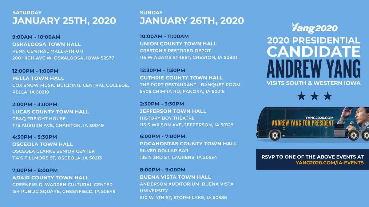 IowaForYang's tweet photo. Bus tour leg four. We are taking this message to everyone in Iowa. See our itinerary, beginning on the 25th, below.

We are going to shock the nation on February 3rd.

Events free and open to the public: https://t.co/H4HnTpezJZ https://t.co/1XM4KyCLt9