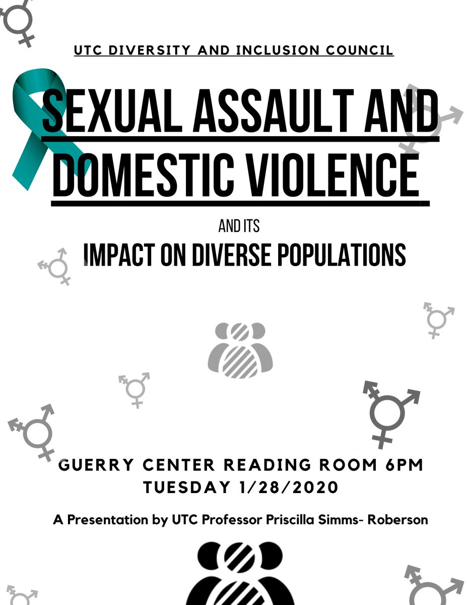 KnowMoreUTC's tweet image. Join UTC&apos;s Diversity and Inclusion Council for a presentation next Tuesday, January 28th at 6p.m. in the Guerry Center&apos;s Reading Room.  &quot;Sexual Assault and Domestic Violence and Its Impact on Diverse Populations&quot; will be presented by UTC Professor Priscilla Simms-Roberson.