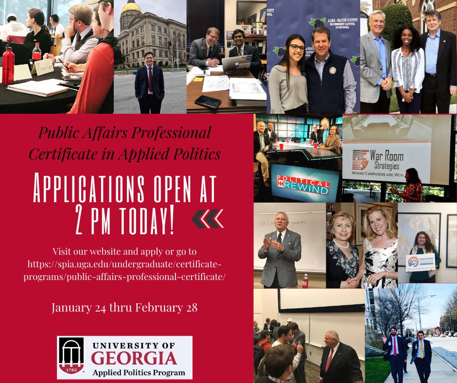 AppliedPolitics's tweet photo. Applications open today for the 5th Cohort of the Public Affairs Professional Certificate! If you are interested in the Applied Politics track, please apply.  Send your questions to Dr. Haynes at polaah@uga.edu. https://t.co/DuwizmoRnG