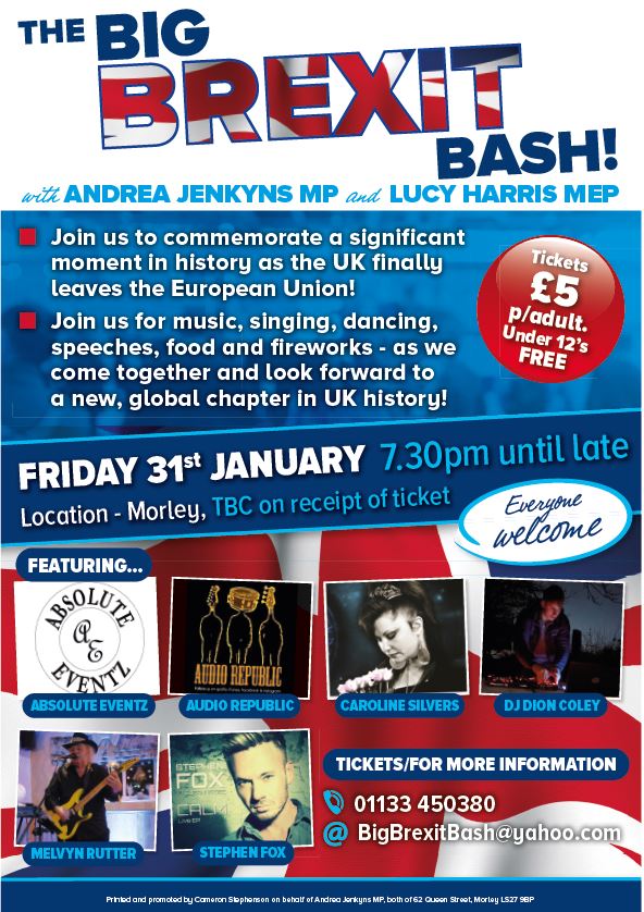 andreajenkyns's tweet photo. One week till #Brexit day and the #BigBrexitBash🇬🇧 😀

Over 100 tickets sold so far, come join us in #Morley to be a part of this historic event! https://t.co/vX9ZxnS0lD