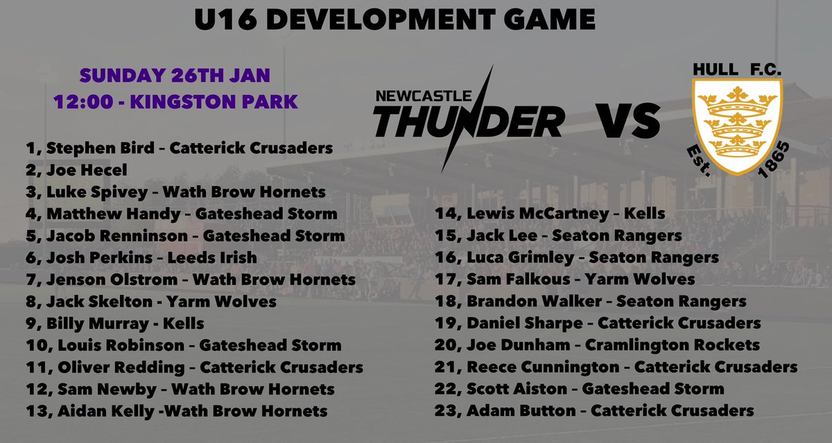 ThunderRugbyAC's tweet photo. Before the 1st team take on Leeds Rhinos on Sunday we will be playing a U16 Development game with @hullfcofficial Development at 12:00
Players are represented from across 8 different community clubs
Check out the U16 Development squad 👇
#PlayerDevelopmentProgramme https://t.co/5ySIiBqXeY