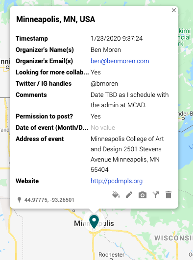 A screengrab of a pin on a map with the same  information about PCD Minneapolis as the tweet. 
