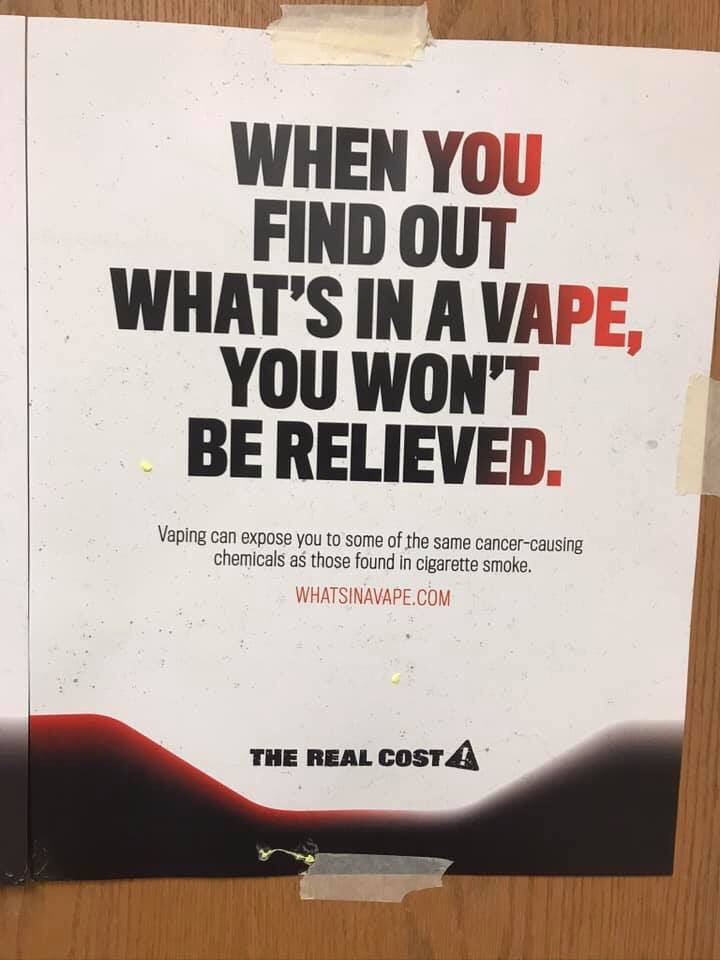 Spoke with students from Green Bay East High School today about preventing cancer by living a healthy style. Saw this sign hung around the school and it made my heart happy. I am glad to see schools being proactive about the vaping epidemic 👏🏻👏🏻👏🏻 Kuddos to GB East! - Kim