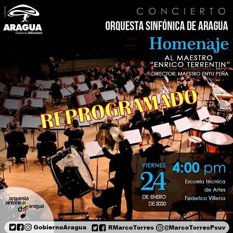La OSA se une al duelo que embarga a todo nuestro estado Aragua por la tragedia ocurrida en La Carpiera. Por esta razón el concierto planificado para el día de hoy ha sido reprogramado para el próximo viernes 31 de enero a la misma hora y lugar