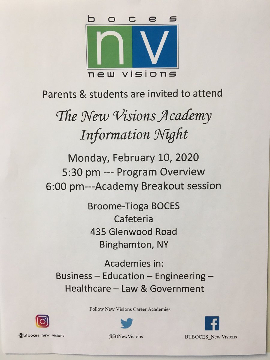 Save the date!   Come hear all about New Visions!  Interested high school Juniors and families!  ⁦<a href="/BtNewVisions/">Broome-Tioga BOCES New Visions</a>⁩