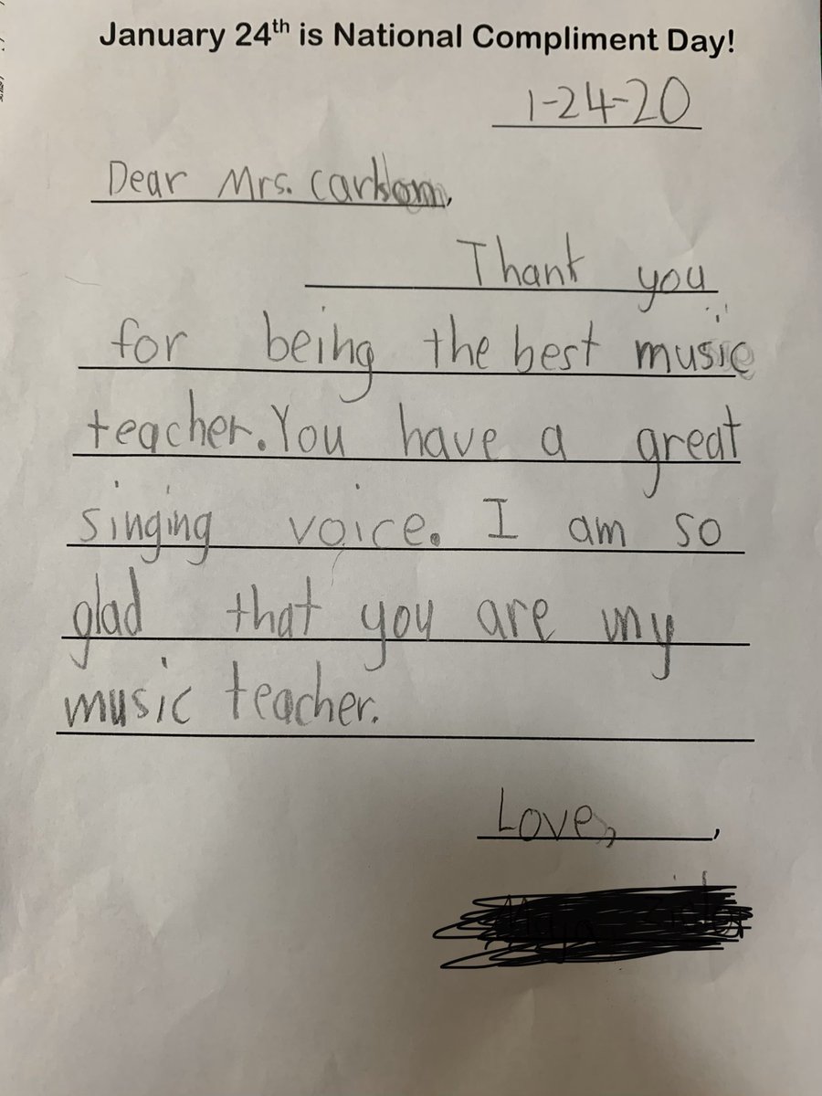 ccarlsond64's tweet photo. Did you know that today is National Compliment Day?! @MrsWeller64 did! Look at this amazing compliment I got today from a student in her class! My heart grew three sizes! #d64music #d64leadwithlove #falcons64 #passonacomplimenttoday #nationalcomplimentday https://t.co/Vkn6lb8yRf