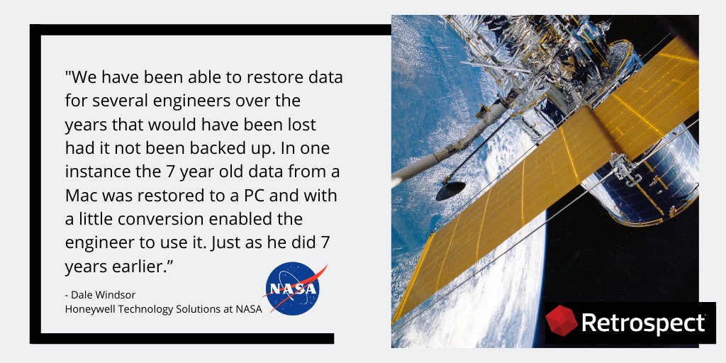 TheRetrospect1's tweet image. Over 500,000 individuals and businesses trust Retrospect. One of those is @NASA. Read the full testimonial here bit.ly/30P8bUM

#NASA #restoredata