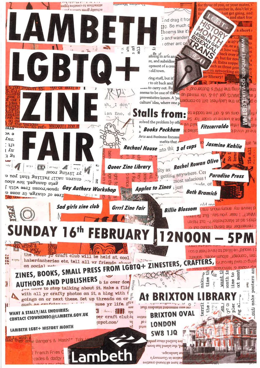 Next month - we've got a LGBTQ+ zine and book fair in the library! Sunday 16th February. 12noon-5pm. Including stalls from Books Peckham, @grrrlzinefair @RachaelLHouse, Gay Authors Workshop and more for LGBTQ+ history month #LGBTHM20