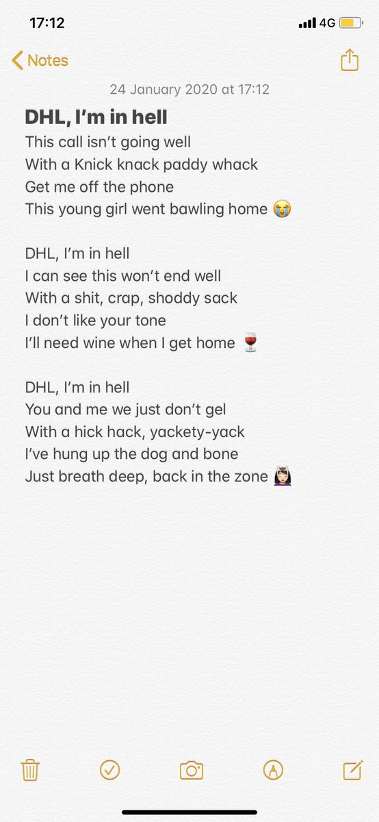RippaSmith's tweet photo. I’m trying to be less annoyed by day to day trivialities. I had a stressful experience with a delivery service and decided to pen a little ditty using the tune of ‘Knick knack paddy whack give a dog a bone’ for some light relief 🙃 #letitgo #seethefun #dontstressthesmallstuff https://t.co/ZKeF0yfTnW