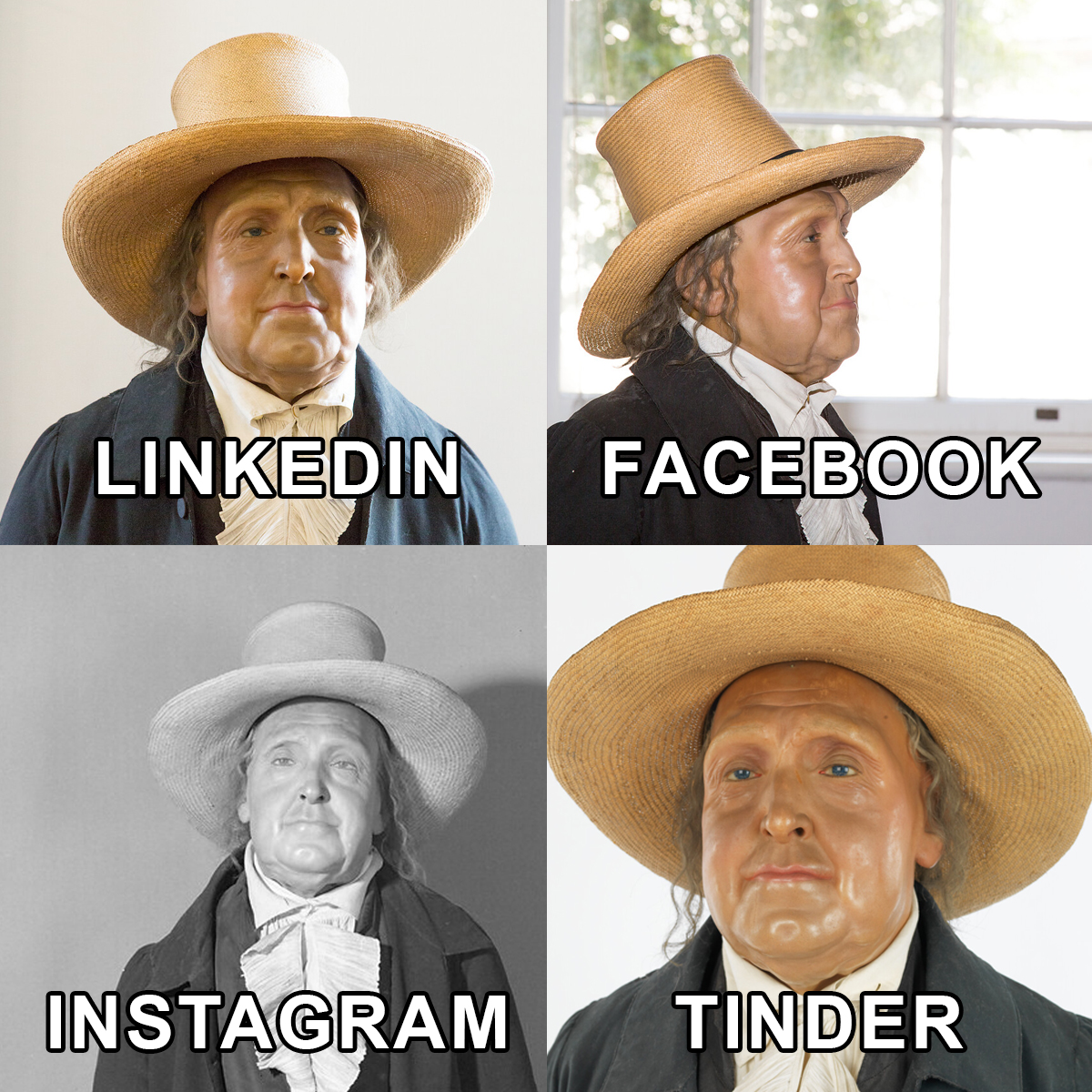 Various photos of Jeremy Bentham's auto-icon for the #DollyPartonChallenge