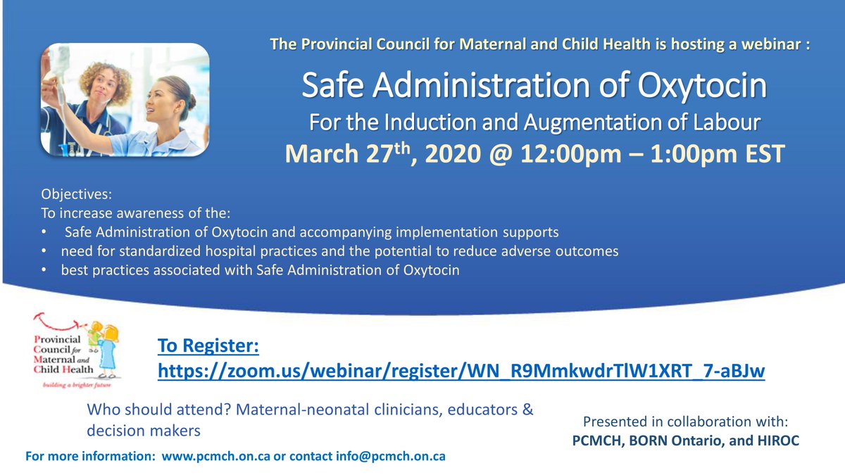 PCMCH_ON's tweet photo. Another webinar is on its way! This time we will be discussing our new report on the Safe Administration of Oxytocin with @BORNOntario, @HIROCGROUP and our guideline authors! Please check out our flyer below and sign up here! https://t.co/9IUugMGRs3 #ObstetricalSafety #Oxytocin https://t.co/CEF2weoWQL