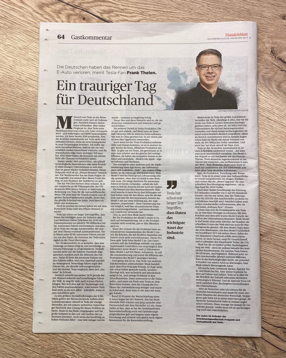 Danke für die prominente Platzierung, <a href="/handelsblatt/">Handelsblatt</a> 🙏🏼 Ein wichtiges Thema,  das in den letzten Tagen viel Aufmerksamkeit bekommen hat. #tesla #vw #disruption