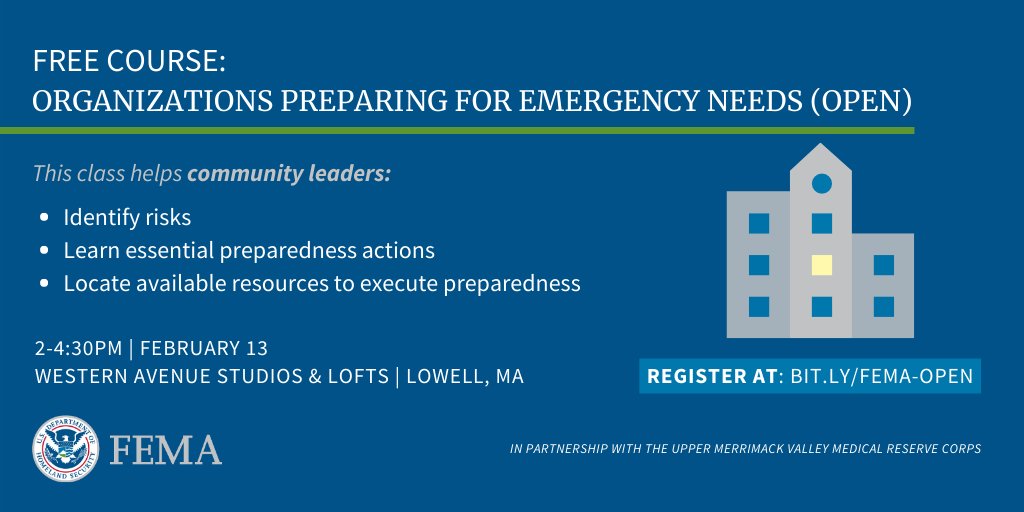 Is your organization prepared for a disaster? If you're a #SmallBusiness, #nonprofit, or #community-based organization, join us for a free #emergency needs course in Lowell, #Massachusetts! Find out more and register to attend at: bit.ly/FEMA-OPEN