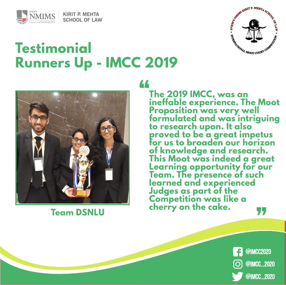 IMCC_2020's tweet photo. “The 2019 IMCC, was an ineffable experience. The Organizers were very cordial and supportive. They made sure that as a Team, we have an indelible experience at the Campus.
Cheers to another round of a great IMCC and good luck to all the participants." - Team DSNLU

#hootformoot https://t.co/EraE9EwD7b