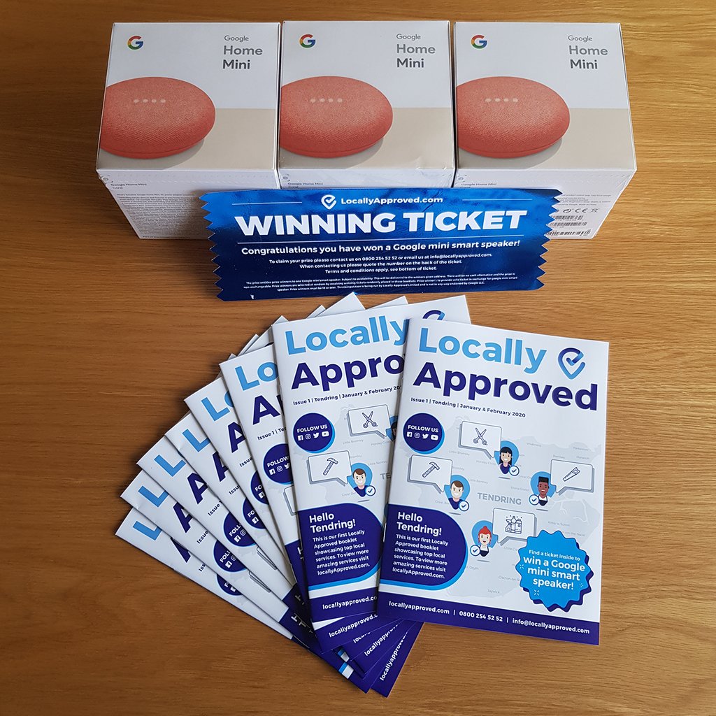 We are currently delivering our first 5,000 A5 full colour printed #booklets to selected areas of #Tendring! Keep an eye out for these booklets because if you find a shiny blue ticket in one, you will have just won a brand new Google mini smart speaker! 

#locallyapproved