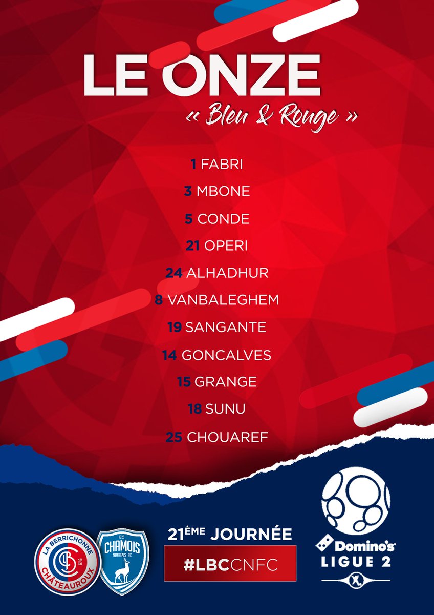 LaBerrichonne's tweet photo. 𝙇𝙚 𝙊𝙣𝙯𝙚 𝙙𝙚 𝙙𝙚́𝙥𝙖𝙧𝙩 🆚️ les @ChamoisNiortais ! 💥👊🏼

#LBCCNFC 📲

#TeamLBC 🔵🔴 #AllezLaBerri https://t.co/jzmVTYoCgR