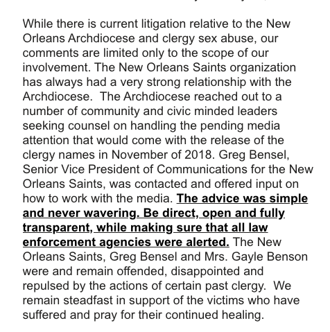 Amie_Just's tweet photo. The Saints have released a statement in response to this morning's article from the AP: https://t.co/vgktofv6L8