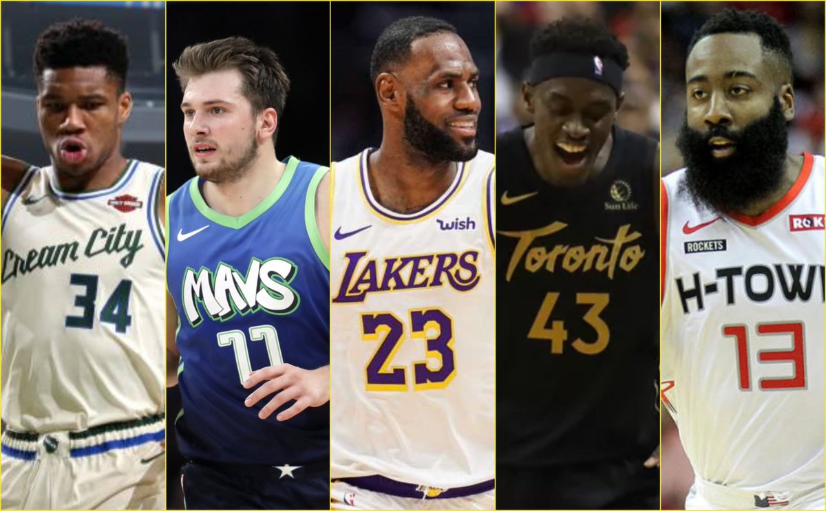 Giannis Antetokoumnpo, Luka Doncic, LeBron James, Pascal Siakam, and James Harden 