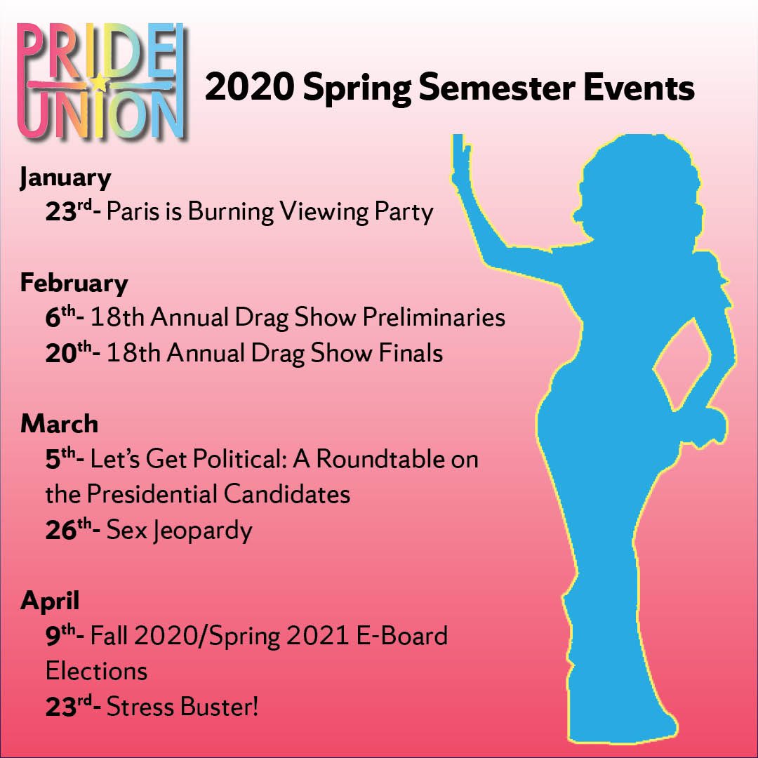 PrideUnionSU's tweet photo. We’re super excited to announce our full Spring 2020 Schedule! 🥳 Hopefully we’ll see you around this semester! 😋 https://t.co/KOWb4VjnLq