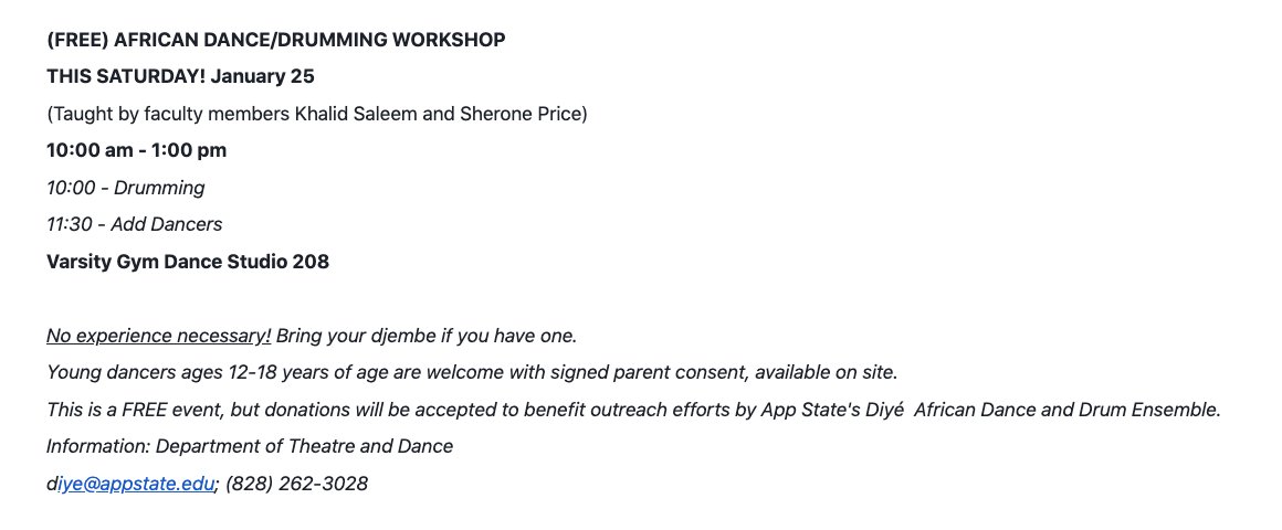 AppStateTHR_DAN's tweet photo. Check out an amazing opportunity! Professors Sherone Price and Khalid Saleem will be leading a FREE African Dance/Drumming workshop! #dance #appstate #africandrumming #africandance #boone #nc https://t.co/5L9AJrbCtr