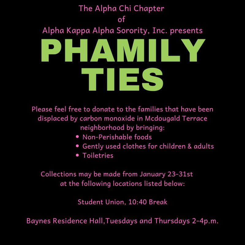 AXtra1932's tweet photo. Please join the Alpha Chi Chapter as we shed light on the displaced families of Mcdougald Terrace by collecting non-perishable foods, gently used clothing, and toiletries.💓💚
#NCCU #AKA #AKAUAC #AKAUG #AKAMAR #AKAMidAtlantic #AKA1908 #HBCU https://t.co/ETU2go0Os7