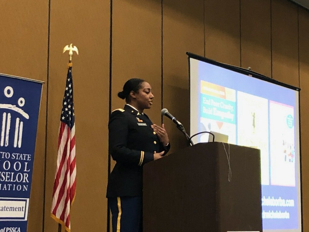 NCYI's tweet image. 700 + attendees at #pssca2020 hearing #micheleborba at the main luncheon!
Inspiring words from Captain Sellers from the US Army SR ROTC, the luncheon sponsor!
Thanks to our wonderful sponsors!
Everyone having a great time!!